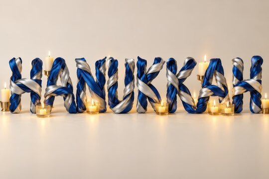 Twisted blue and silver ribbons shaping festive holiday letters with surrounding glowing candles.