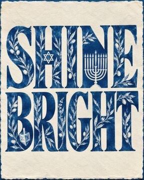 Typography spelling shine bright features deep blue watercolor textures and golden star accents on textured cream paper.