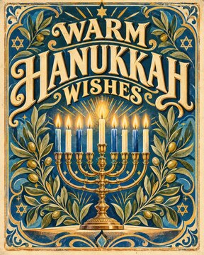 Warm Hanukkah wishes vintage greeting card design features a glowing golden menorah with olive branch borders.