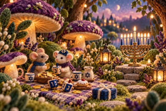 Enchanted forest scene with miniature felt mice celebrating Hanukkah amidst giant purple mushrooms and glowing lanterns.
