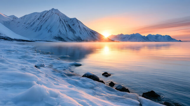 Stunning winter landscape with snowy mountains at sunrise, calm icy lake and beautiful colorful sky reflection in water. Tranquil wilderness nature scene.