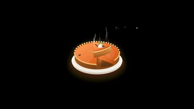 Classic hot freshly baked pumpkin pie flat vector animation, delicious traditional pumpkin pie dessert for Thanksgiving or autumn seasonal celebrations on plain background.