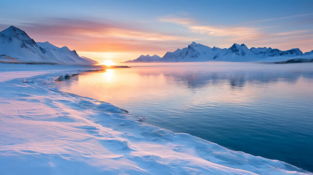 Stunning arctic sunrise over snowy mountains and frozen lake. Soft pastel colors reflect in icy water, creating a serene winter landscape.