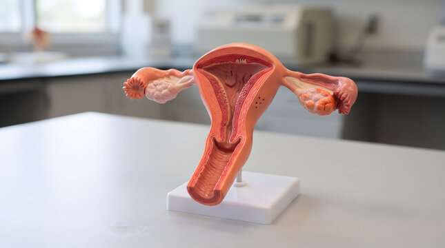 Anatomical Model of the Female Reproductive System Displayed on a Table.