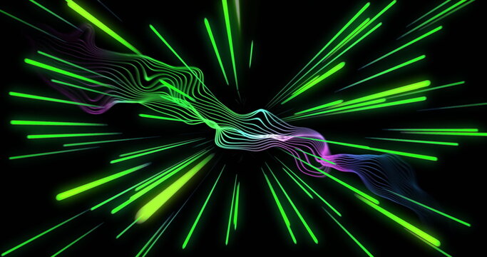 Green and purple light waves image over black background with radial beams