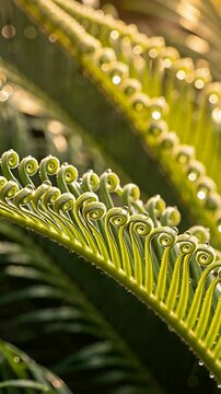 Vertical video: Fern frond curling into tight fiddleheads under sunlight with droplets sparkling