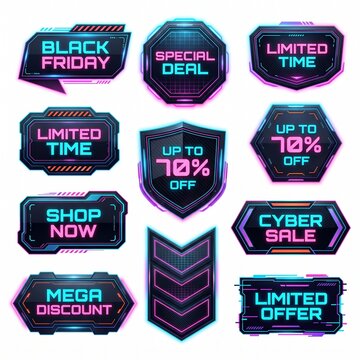 Cyberpunk neon Black Friday discount badges collection bundle set isolated on white background