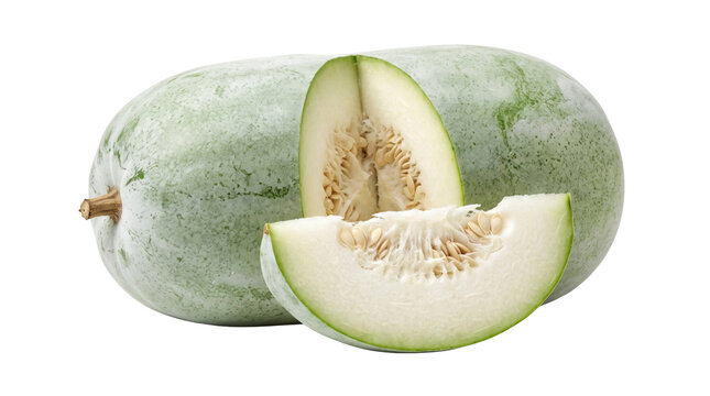 Fresh winter melon fruit with sliced portion on a transparent background