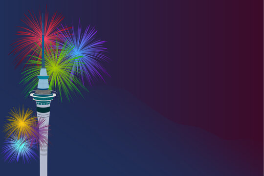 New Zealand public holiday background with vibrant colorful fireworks over Sky Tower in Auckland