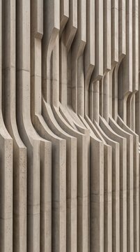 Abstract 3D beige concrete vertical fins bending into flowing curves, sculptural parametric relief wall architectural background