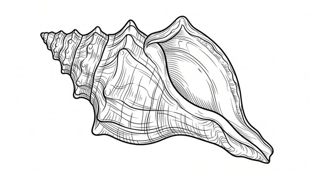 Vintage seashell line art illustration, black and white conch shell engraving, nautical marine life sketch on white background