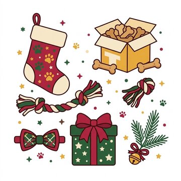Christmas Pet Gift Elements Set with Stocking Toys and Holiday Accessories Vector Background Isolated on White