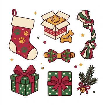 Christmas Pet Accessories and Gift Collection Vector Background Isolated on White