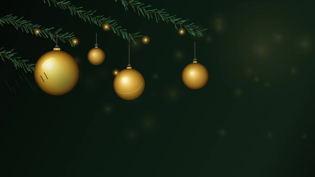 Golden baubles hanging illuminated on pine branches festive holiday lighting
