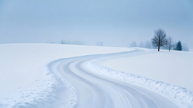 Curved snowy road in a peaceful winter landscape with bare trees and soft falling snow under a cloudy sky.