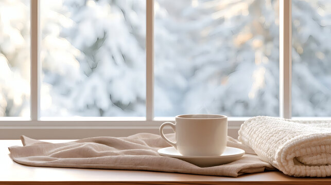 Cozy winter morning: a steaming cup of coffee on a table with a blanket, by the window with snowy trees outside. Warm home comfort and seasonal relaxation.