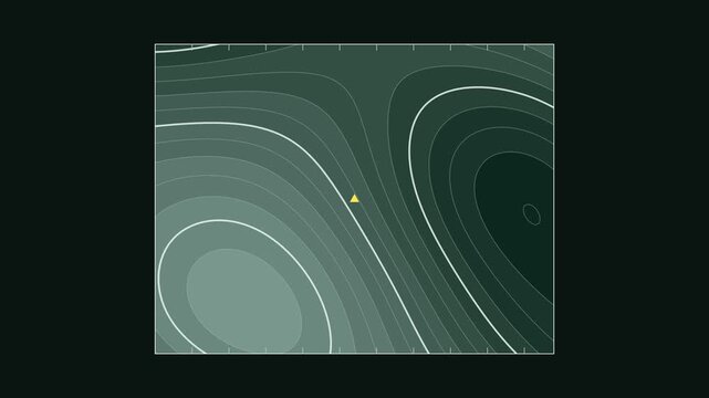 Seamless 4K looping contour animation: contour pattern slow migration. Clean vector isolines drifting over a dark background in green and olive, built as a calm topographic pattern for titles and lowe