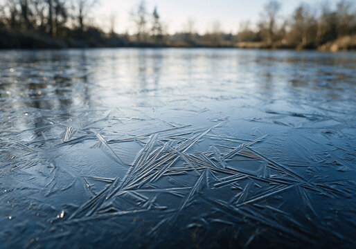 Close Up of Fine Ice Crystals Spreading Across a Frozen Water Surface