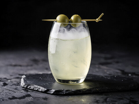 Chilled Cocktail in a Stemless Glass with Olives on a Stone Coaster
