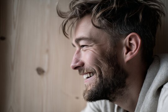 Portrait of a merry man in his 30s laughing isolated on light wood minimalistic setup