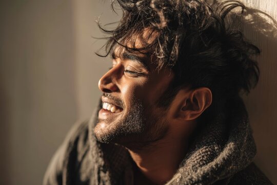 Portrait of a content indian man in his 20s laughing while standing against light wood minimalistic setup