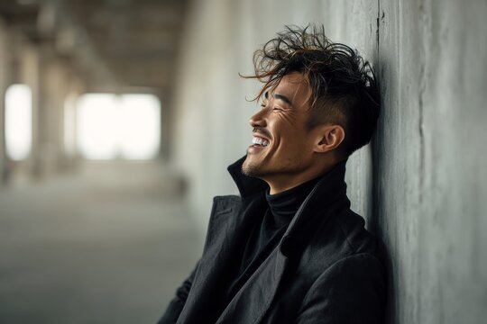 Portrait of a blissful asian man in his 30s laughing over empty modern loft background