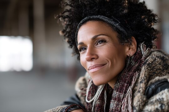 Portrait of a glad afro-american woman in her 40s smiling at the camera while standing against empty modern loft background