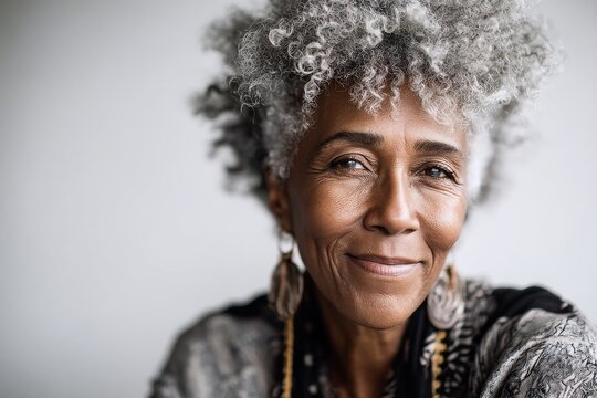 Portrait of a smiling afro-american woman in her 70s smiling at the camera isolated on plain white digital canvas