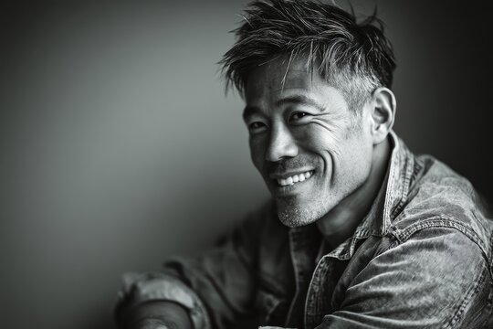 Portrait of a grinning asian man in his 40s smiling at the camera on bare monochromatic room
