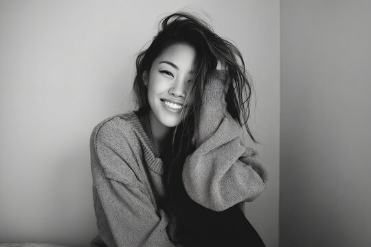 Portrait of a cheerful asian woman in her 20s smiling at the camera isolated on bare monochromatic room