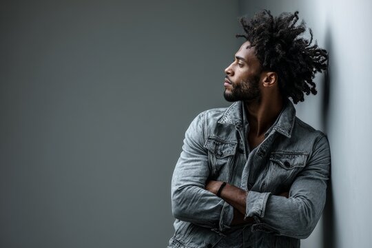 Portrait of a tender afro-american man in his 30s with arms crossed while standing against plain cyclorama studio wall