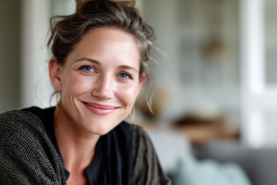 Portrait of a glad caucasian woman in her 40s smiling at the camera in front of crisp minimalistic living room