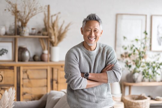 Portrait of a joyful asian man in his 50s with arms crossed isolated in crisp minimalistic living room