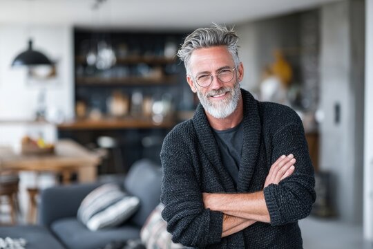 Portrait of a smiling man in his 50s with arms crossed on crisp minimalistic living room