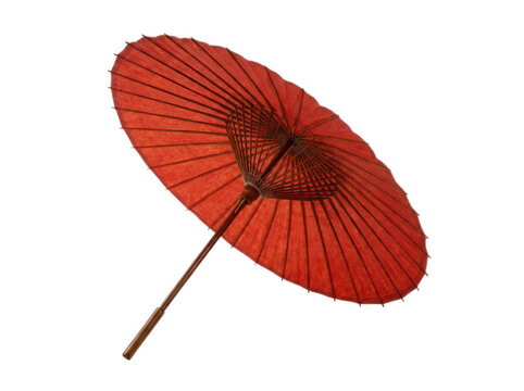Traditional red Japanese paper umbrella parasol cutout on transparent background for culture