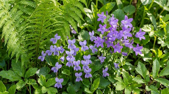 Charming Small Purple Wildflowers Blooming Among Green Foliage Close Up Natural Outdoor Garden Botanical Background with Seasonal Freshness flower wildflower purple violet green leaf plant blossom