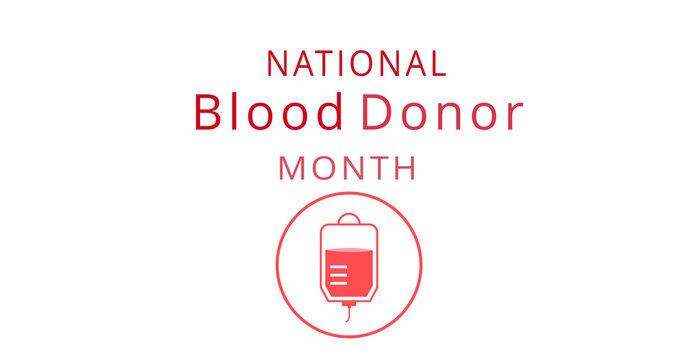 Image of national blood donor month over medical icon on white background