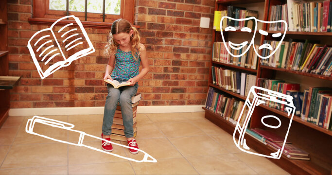 A digital composite depicts a joyful schoolgirl reading amidst floating educational icons.