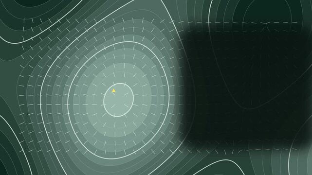 Seamless 4K looping contour animation: contour field with streamlines. Clean vector isolines drifting over a dark background in green and olive, built as a calm topographic pattern for titles and lowe