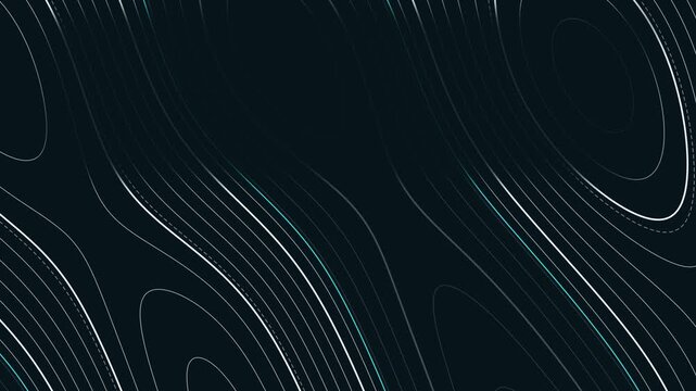 Seamless 4K looping contour animation: water level dropping contours. Clean vector isolines drifting over a dark background in teal and cyan, built as a calm topographic pattern for titles and lower t