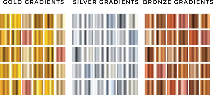 gold silver and bronze metallic gradient swatches collection with reflective color strips