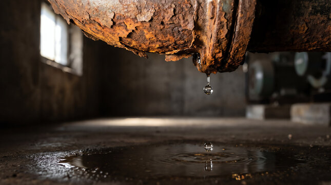 Water droplet dripping from rusty corroded pipe leak creating ripple on wet concrete floor in old factory