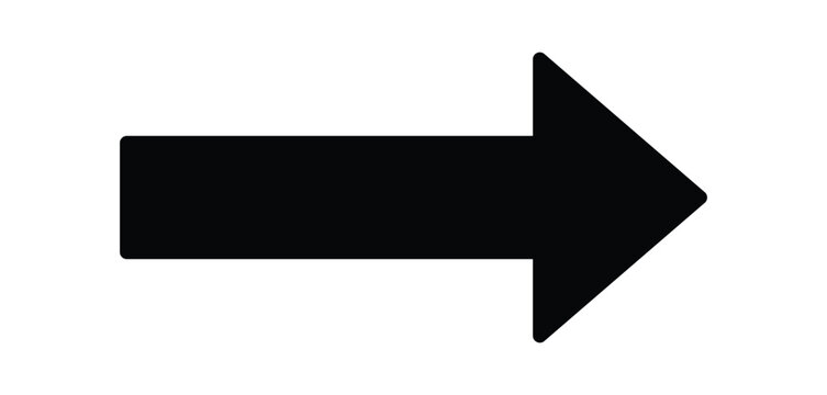 Minimalist black right-pointing arrow icon representing direction, movement, progress, and next step, isolated on a transparent background for navigation interfaces and process illustrations.
