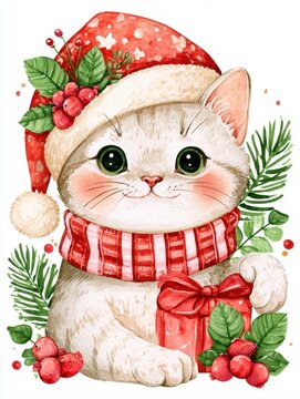 cute white kitten wearing a santa hat and red scarf holding a christmas gift box surrounded by pine branches and berries in watercolor style illustration