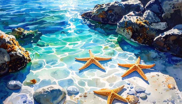 Detailed watercolor painting of a crystal clear summer tide pool with vibrant sea stars and smooth pebbles resting among dark granite rocks under bright sunlight