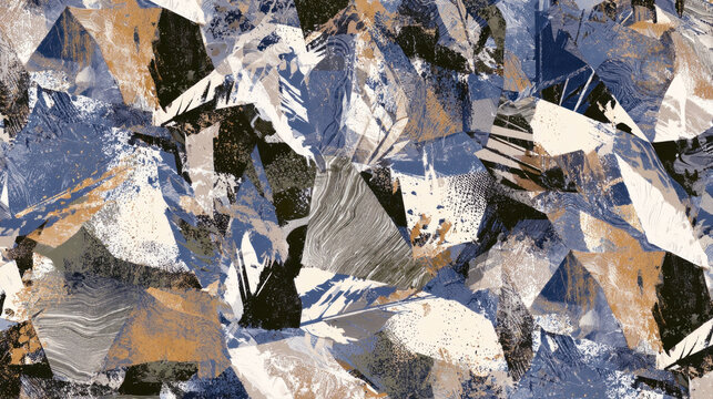 abstract geometric seamless pattern with dynamic triangular shapes in dark blue white and warm ochre tones for modern interior and textile design illustration