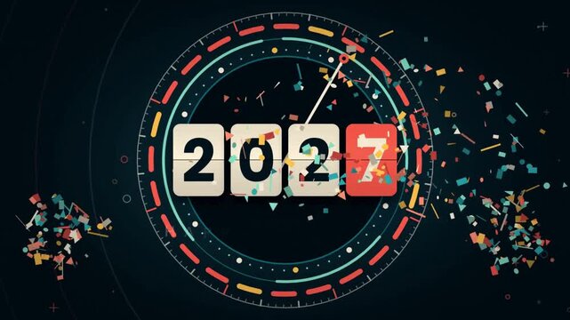 Midnight Countdown Odometer 2026 to 2027 New Year Kinetic Clock Animation with Geometric Confetti Burst.
