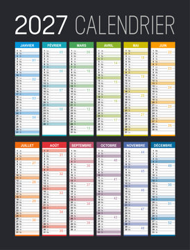 French desk calendar 2027 with week numbers. Editable vector template with isolated layers, customizable design.
