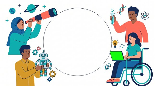 stem education exploration, diverse children engage with stem tools, surrounded by vibrant educational icons