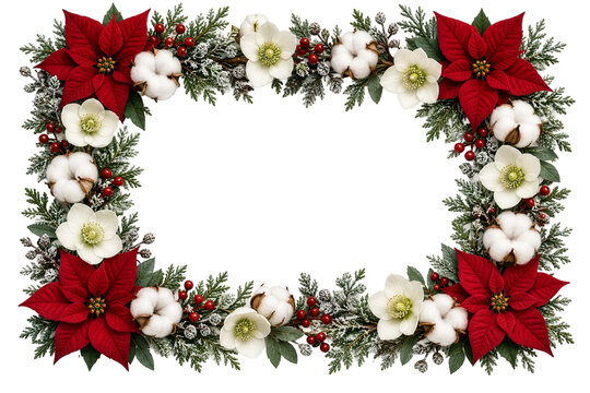 Christmas floral frame with red poinsettias, white winter flowers, cotton bolls, snowy evergreen branches and berries isolated for festive greeting card designs